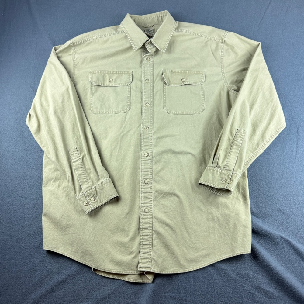 LL Bean Sunwashed Canvas Shirt Mens XLT Beige Flannel Workwear Chore Flap Pocket - Picture 1 of 7